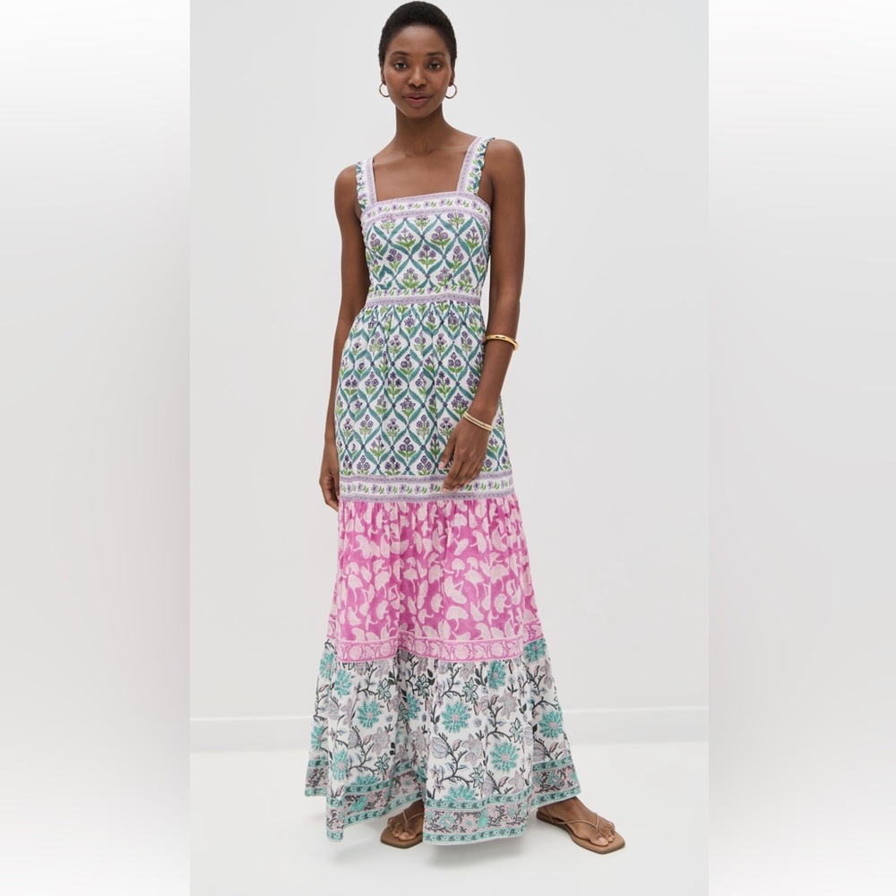 Elegant Pink and Green Patterned Maxi Dress